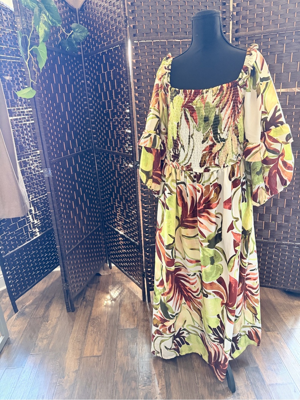 Live 4 Truth Floral Off-Shoulder Maxi Dress in Lime Green & Rust plus size